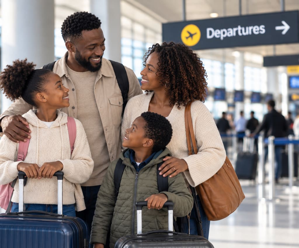 A smiling family with backpacks and suitcases in an airport departures hall